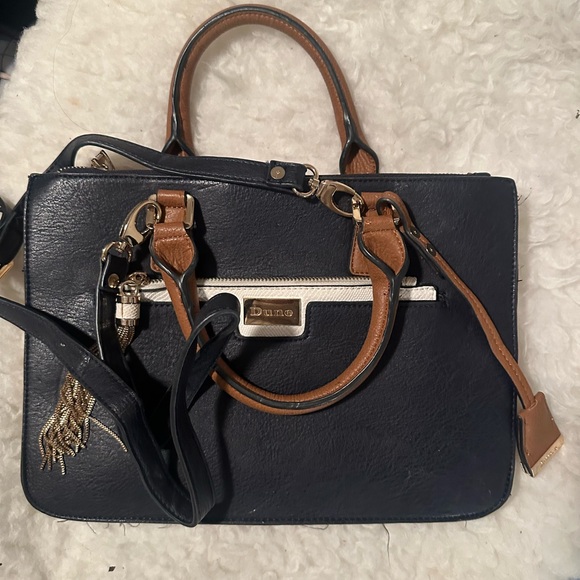 Dune London Navy Blue Tan Gold Commuter Laptop Briefcase Top Handle Bag - Picture 3 of 8